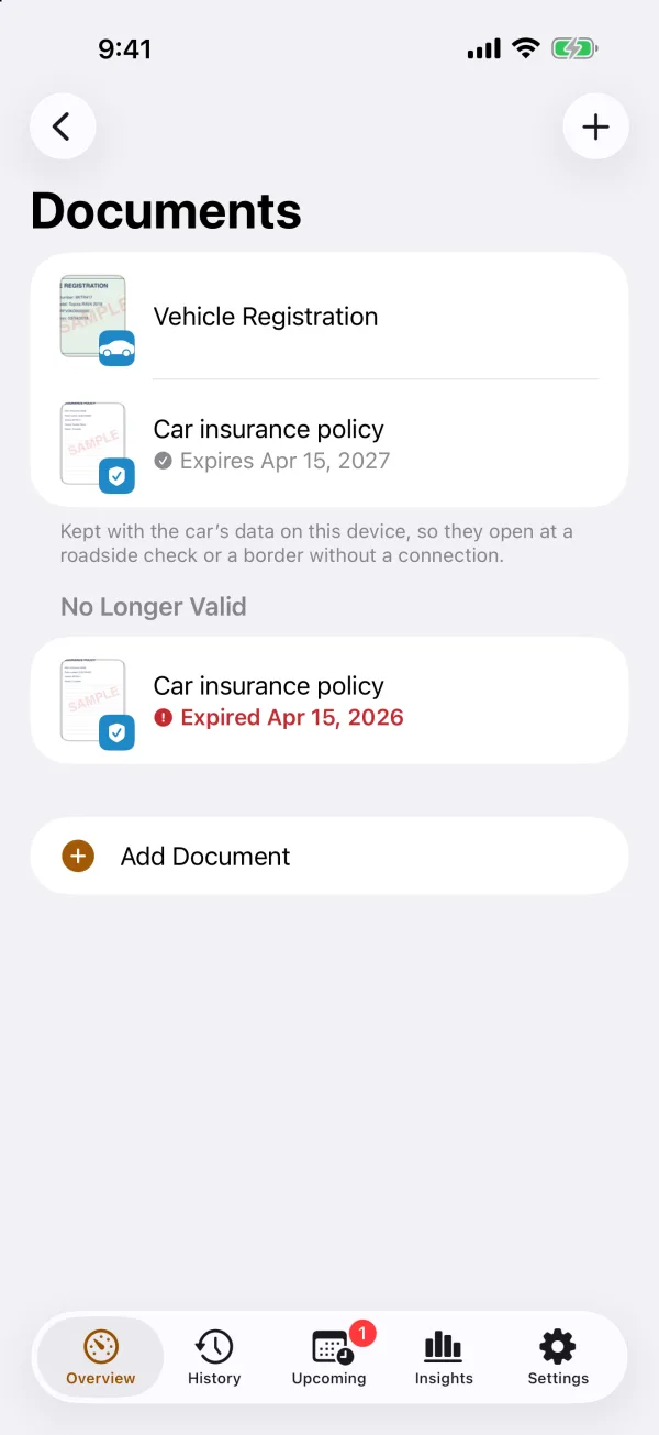 Documents on iPhone: the registration certificate and insurance policies, each with a page preview and its expiry date.