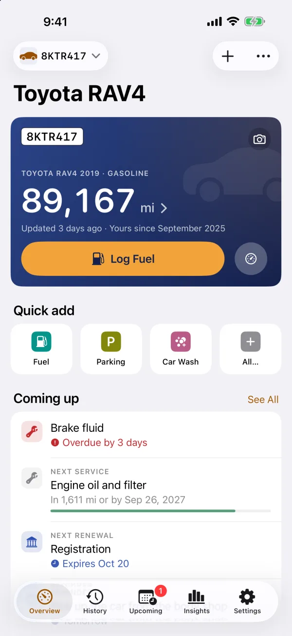 CarStamp Overview on iPhone: the car's odometer card with Log Fuel, quick add buttons and what is coming up.