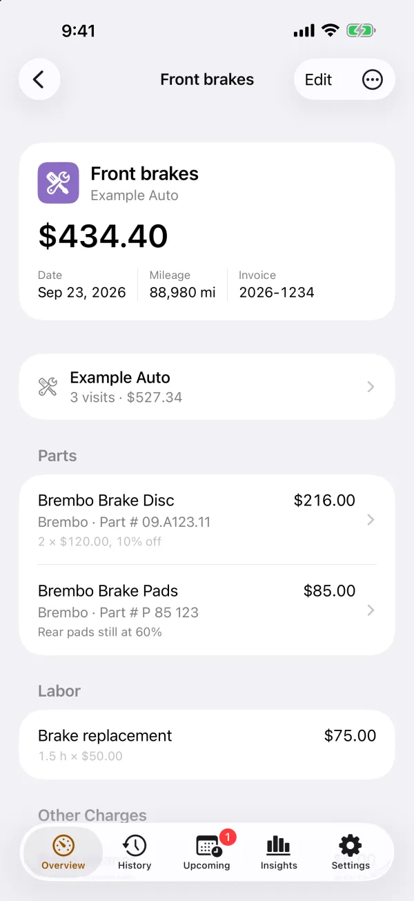 A service record on iPhone: front brakes at the workshop, with parts, part numbers and labor.