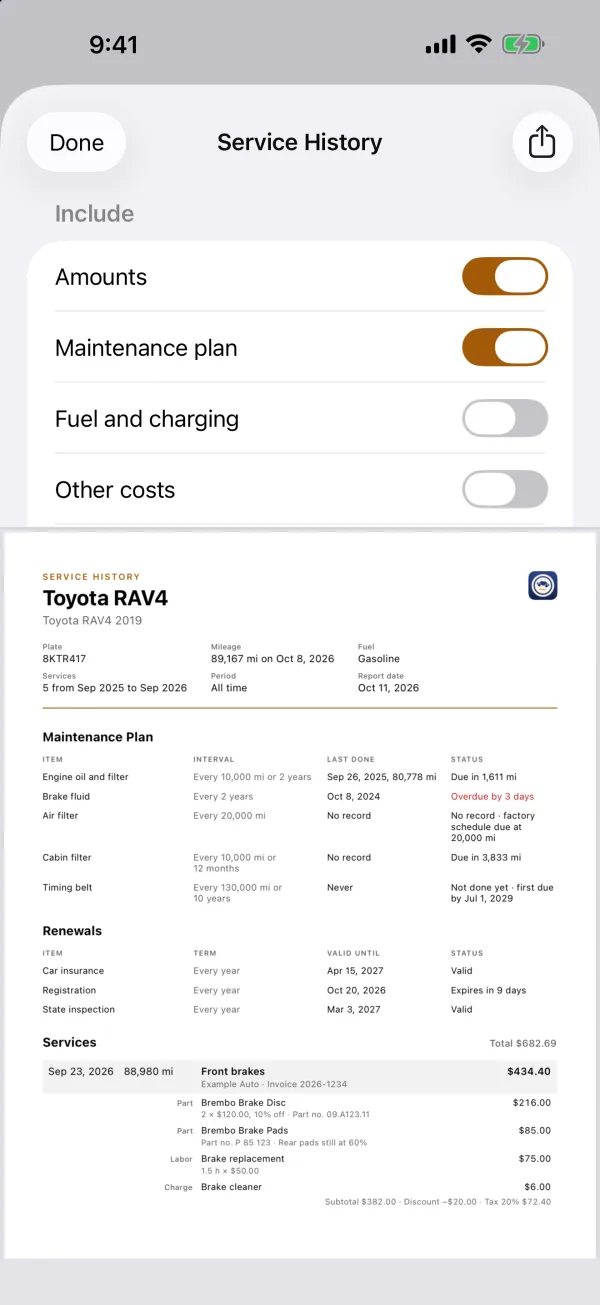 Service history PDF on iPhone: choose what to include and preview the report before sharing or printing.