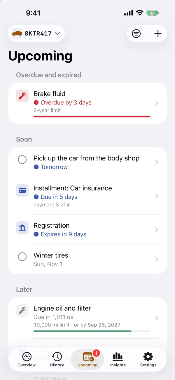 Upcoming on iPhone: brake fluid a few days overdue, then what is due soon (a reminder, an insurance installment, the registration and the oil change), with progress to each limit.