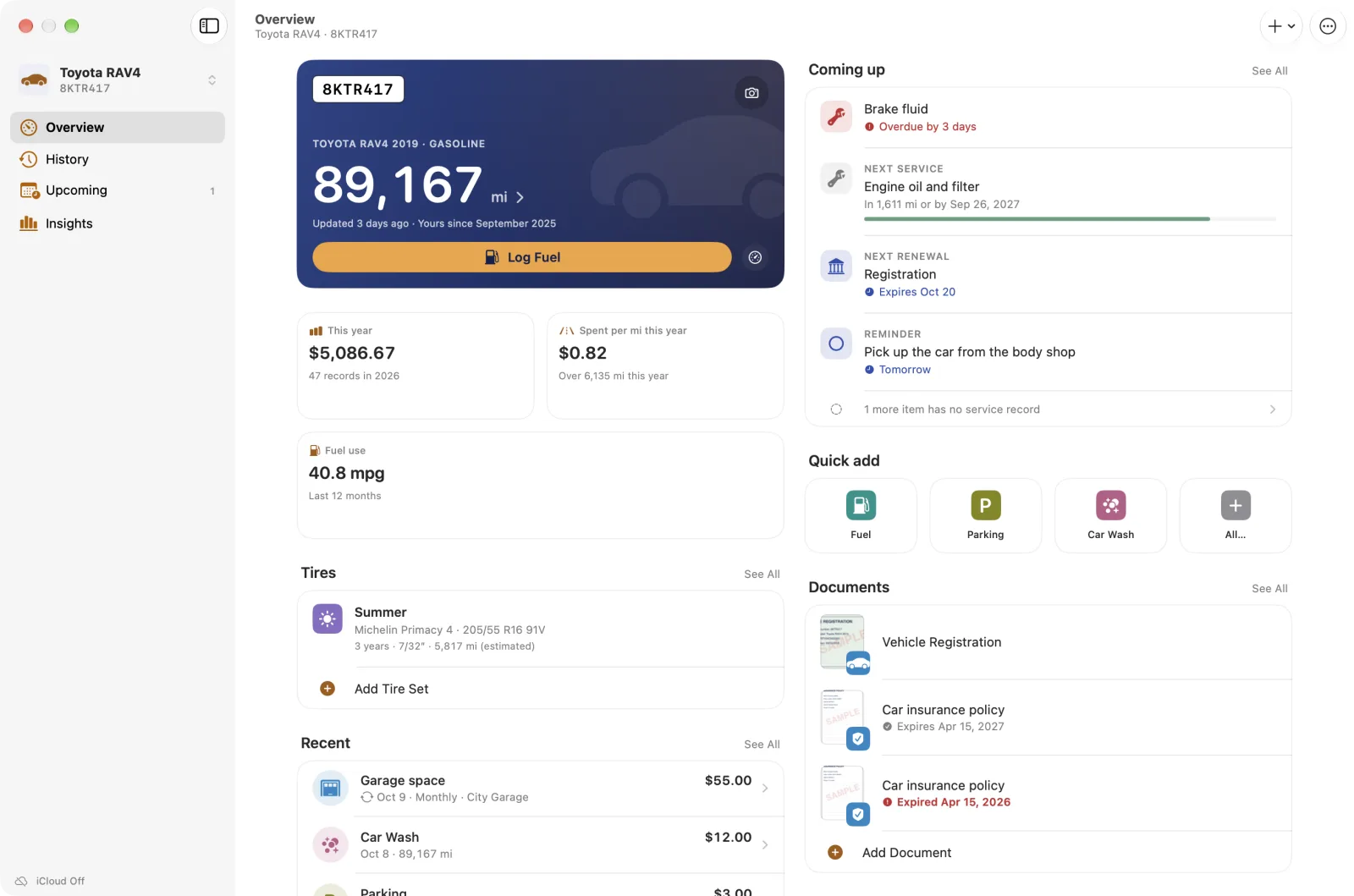 CarStamp for Mac: Overview with the car card, this year's spending, spent per mile and fuel use, what is coming up, tires and documents.